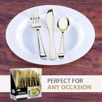 Gold Plastic Cutlery Silverware Set, 160 Count, Extra Heavyweight Disposable Flatware, Full Size Cutlery Combo, Polished Gold, 80 Forks, 40 Spoons, 40 Knifes