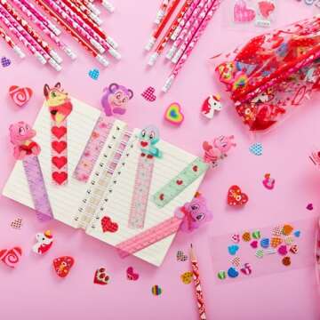 JOYIN 28 Pack Valentines Day Stationery Set Assorted for Kids, with Pencils Sticker Eraser and Rulers, and Holiday Reward Prizes Classroom School Exchange Gift
