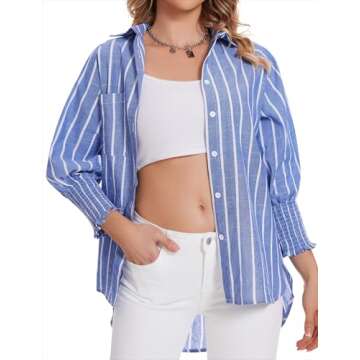MFAVIP Women’s Button Down Shirt V Neck Women Striped Tops Casual Women Blouses Puff 3/4 Sleeves S...