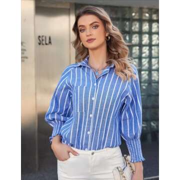 MFAVIP Women’s Button Down Shirt V Neck Women Striped Tops Casual Women Blouses Puff 3/4 Sleeves Shirts Blue