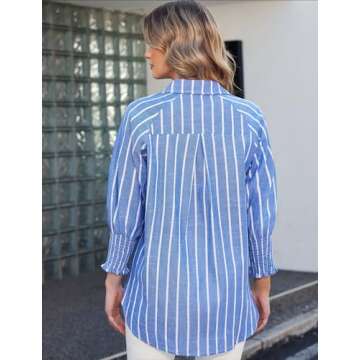 MFAVIP Women’s Button Down Shirt V Neck Women Striped Tops Casual Women Blouses Puff 3/4 Sleeves Shirts Blue