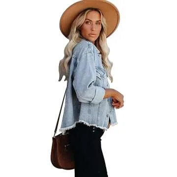 Jayscreate Women's Cropped Denim Jacket for Women Plus Size Ladies Light Ripped Mini Oversized Lightweight Short Denim Jean Jacket with Pockets