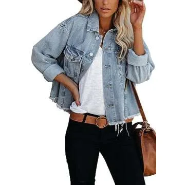 Jayscreate Women's Cropped Denim Jacket for Women Plus Size Ladies Light Ripped Mini Oversized Lightweight Short Denim Jean Jacket with Pockets