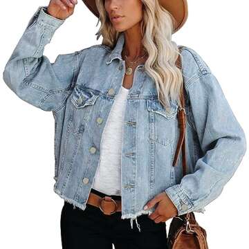 Jayscreate Women's Cropped Denim Jacket for Women Plus Size Ladies Light Ripped Mini Oversized Lightweight Short Denim Jean Jacket with Pockets