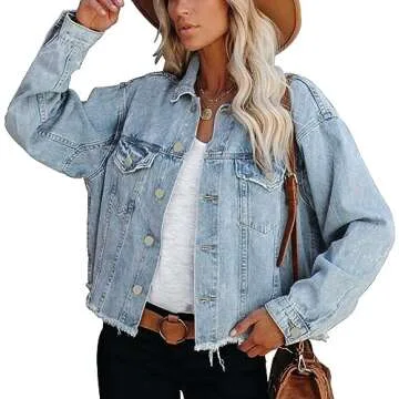Jayscreate Women's Cropped Denim Jacket for Women Plus Size Ladies Light Ripped Mini Oversized Lightweight Short Denim Jean Jacket with Pockets