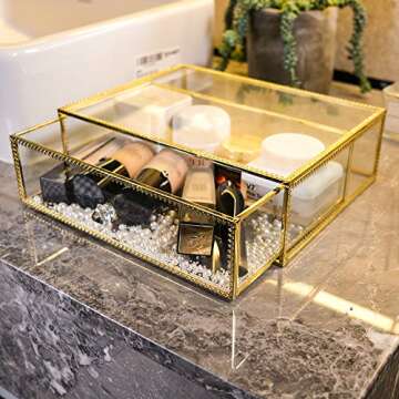 InnSweet Glass Makeup Organizer, Gold Cosmetic and Jewelry Box with 1 Drawer, Cosmetic Display Cases