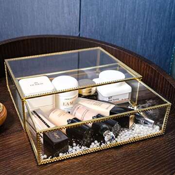InnSweet Glass Makeup Organizer, Gold Cosmetic and Jewelry Box with 1 Drawer, Cosmetic Display Cases
