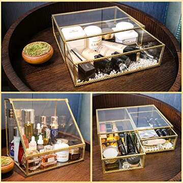 InnSweet Glass Makeup Organizer, Gold Cosmetic and Jewelry Box with 1 Drawer, Cosmetic Display Cases