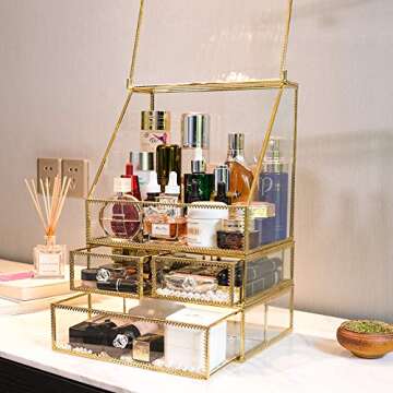 InnSweet Glass Makeup Organizer, Gold Cosmetic and Jewelry Box with 1 Drawer, Cosmetic Display Cases