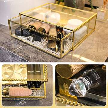 InnSweet Glass Makeup Organizer, Gold Cosmetic and Jewelry Box with 1 Drawer, Cosmetic Display Cases