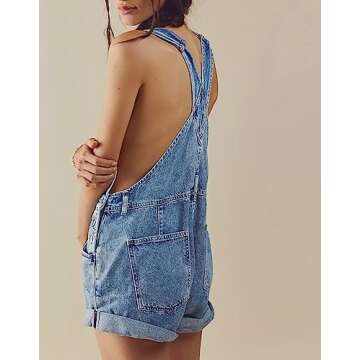 Doubauen Womens Overalls Shorts Denim Bib Straps Shorts Casual Solid Color Rompers Jumpsuits With Pockets Pants