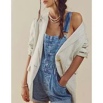 Doubauen Womens Overalls Shorts Denim Bib Straps Shorts Casual Solid Color Rompers Jumpsuits With Pockets Pants