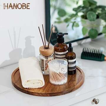 Hanobe Wood Tray Lazy Susan: Round Acacia Wooden Turntable Decorative Coffee Table Trays for Kitchen Counter Centerpiece Organizer Decor for Cabinet