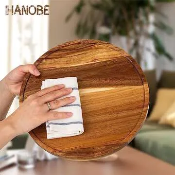 Hanobe Wood Tray Lazy Susan: Round Acacia Wooden Turntable Decorative Coffee Table Trays for Kitchen Counter Centerpiece Organizer Decor for Cabinet
