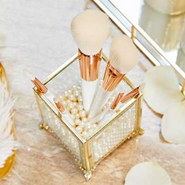 PuTwo Makeup Brush Holder Glass and Brass Vintage Makeup Brush Organizer Handmade Cosmetic Brush Storage with White Pearls for Dresser Vanity Countertop - Gold