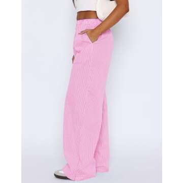 LOMON Womens Striped Wide Leg Boxers Pants Cotton Pajama Lounge Pj Casual Trousers Y2K Beach Bottoms with Pockets (Pink White Pinstripe, XXL)