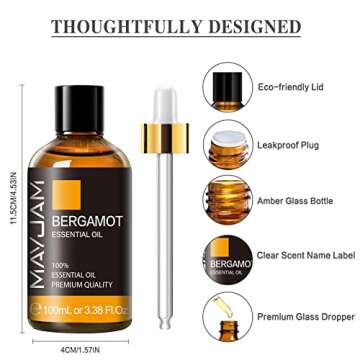 Bergamot Essential Oil, MAYJAM Premium Pure Essential Oils, 3.38FL.OZ Large Volume for Diffusers Soap Candle Making, Ideal for Home Office Car Yoga Use