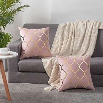 DEZENE Gold Velvet Throw Pillow Covers: 2 Pack 16x16 Inch Square Decorative Pillow Cases for Bedroom Sofa Couch Living Room, Pink