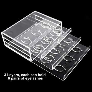 HighFree 18 Pairs Clear Acrylic Eyelashes Holder Case, 3 Layers Eyelash Drawer Display Box, Acrylic Lash Transparent Storage Case, Size 6.7x4.7x2.5inch/17x12x6.3cm
