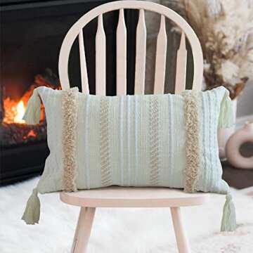 blue page Boho Tufted Throw Pillow Cover with Tassels, Decorative Lumbar 12x20 Pillow Case for Couch or Bed, Farmhouse Neutral Modern Accent, Yellowy Cream