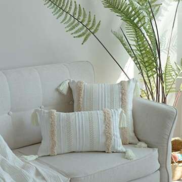 blue page Boho Tufted Throw Pillow Cover with Tassels, Decorative Lumbar 12x20 Pillow Case for Couch or Bed, Farmhouse Neutral Modern Accent, Yellowy Cream