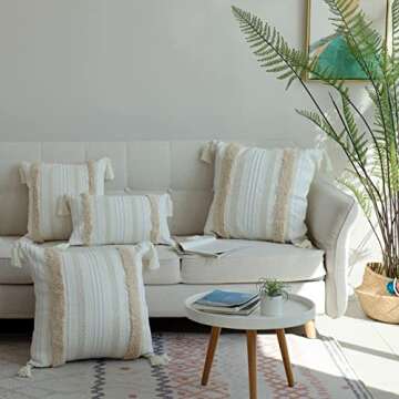 blue page Boho Tufted Throw Pillow Cover with Tassels, Decorative Lumbar 12x20 Pillow Case for Couch or Bed, Farmhouse Neutral Modern Accent, Yellowy Cream