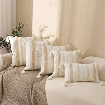 blue page Boho Tufted Throw Pillow Cover with Tassels, Decorative Lumbar 12x20 Pillow Case for Couch or Bed, Farmhouse Neutral Modern Accent, Yellowy Cream