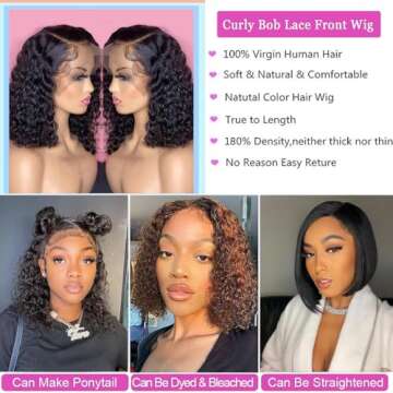 Tascal Bob Wig Human Hair 13x6 Deep Curly Lace Front Wigs Human Hair 180% Density Short Bob Human Hair Wig Pre Plucked with Baby Hair Glueless Hair Curly Wigs for Black Women(12 Inch)