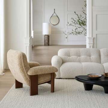 ESRADA Accent Chair Modern Fluffy Chair with Arm Atural Solid Wood Legs Upholstered Faux Fur Side Chair Teddy Comfy Reading Chair for Bedroom Living Room B- Without Footstool