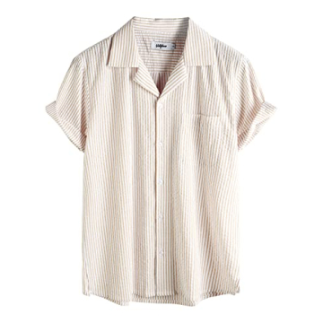 VATPAVE Men's Casual Striped Summer Shirt - Short Sleeve Beach Shirt in Khaki
