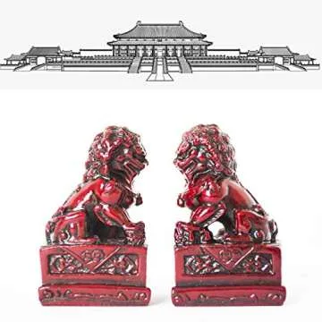 Addune Pair of Chinese Beijing Foo Dogs Statues Guardian Lion Statues Energy Feng Shui Products Decorations for The Home Gifts (Red)