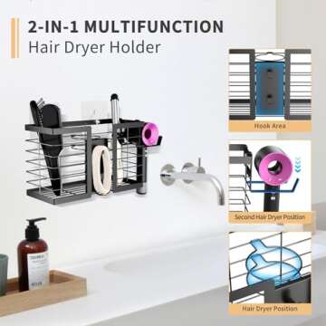 FUNKYLEE Hair Tool Organizer - Hair Dryer Holder, 3 in 1 Metal Bathroom Organizer Wall Mount for Flat Iron, Curling Iron, Straightener, Hair Care & Styling Tools Bathroom Storage and Organizer (Black)