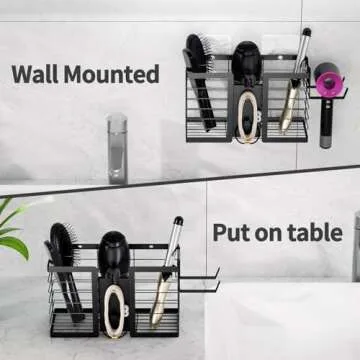 FUNKYLEE Hair Tool Organizer - Hair Dryer Holder, 3 in 1 Metal Bathroom Organizer Wall Mount for Flat Iron, Curling Iron, Straightener, Hair Care & Styling Tools Bathroom Storage and Organizer (Black)