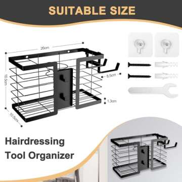 FUNKYLEE Hair Tool Organizer - Hair Dryer Holder, 3 in 1 Metal Bathroom Organizer Wall Mount for Flat Iron, Curling Iron, Straightener, Hair Care & Styling Tools Bathroom Storage and Organizer (Black)