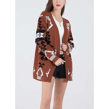 chouyatou Women's Tribal Aztec Print Sweater Open Front Knitted Jacquard Cardigan Sweater (Small, Coffee)