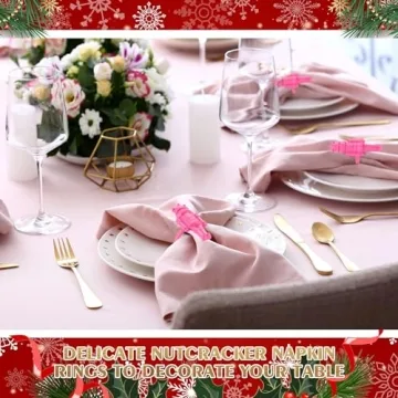 Suttmin Christmas Nutcracker Napkin Rings Set of 12, Pink Soldier Napkin Rings Holiday Metal Napkin Holders for Xmas Table Setting Valentine's Day Dinnerware Wedding Party Vintage Decoration