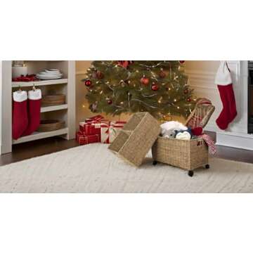 PEMAR Set 2 (different sizes nesting in a set) Natural Wicker Rolling Storage Baskets on Wheels w Insert Handle, Under Table Under Desk Storage Bins, Mobile File Cabinet Organiser. Seagrass