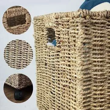 PEMAR Set 2 (different sizes nesting in a set) Natural Wicker Rolling Storage Baskets on Wheels w Insert Handle, Under Table Under Desk Storage Bins, Mobile File Cabinet Organiser. Seagrass