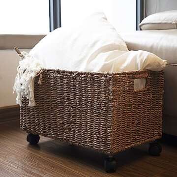 PEMAR Set 2 (different sizes nesting in a set) Natural Wicker Rolling Storage Baskets on Wheels w Insert Handle, Under Table Under Desk Storage Bins, Mobile File Cabinet Organiser. Seagrass