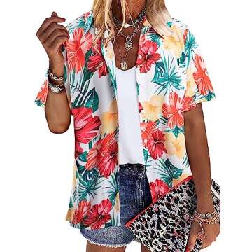 MYHALF Women Hawaiian Shirt Soft Cool Summer Hawaii Shirts Floral Tropic Print V Neck T-Shirt Short Sleeve Button Up Tops