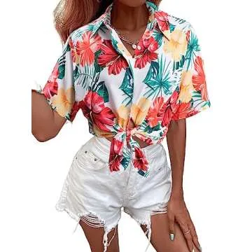 MYHALF Women Hawaiian Shirt Soft Cool Summer Hawaii Shirts Floral Tropic Print V Neck T-Shirt Short Sleeve Button Up Tops