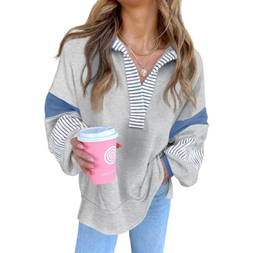 Fisoew Women's Color Block Oversized Sweatshirt V Neck Long Sleeve Casual Pullover Tops