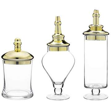 MyGift 3 Piece Set Antique Clear Glass Bathroom Apothecary Jars with Lid, Wedding Centerpiece, Kitchen Storage Jars with Metallic Brass-Tone Lids