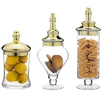 MyGift 3 Piece Set Antique Clear Glass Bathroom Apothecary Jars with Lid, Wedding Centerpiece, Kitchen Storage Jars with Metallic Brass-Tone Lids