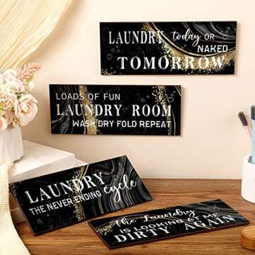Gerrii 4 Pieces Laundry Room Wooden Signs Decor Black and Gold Funny Sign Wall Plaque Laundry Wall Decoration Vintage Bathroom Wall Sign Laundry Rules Hanging Decor for Home Laundry Room Bathroom