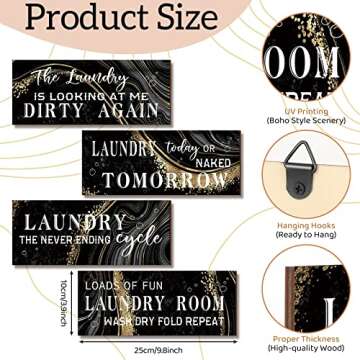Gerrii 4 Pieces Laundry Room Wooden Signs Decor Black and Gold Funny Sign Wall Plaque Laundry Wall Decoration Vintage Bathroom Wall Sign Laundry Rules Hanging Decor for Home Laundry Room Bathroom