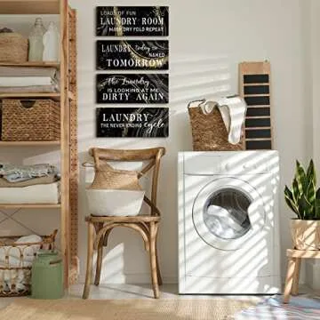 Gerrii 4 Pieces Laundry Room Wooden Signs Decor Black and Gold Funny Sign Wall Plaque Laundry Wall Decoration Vintage Bathroom Wall Sign Laundry Rules Hanging Decor for Home Laundry Room Bathroom