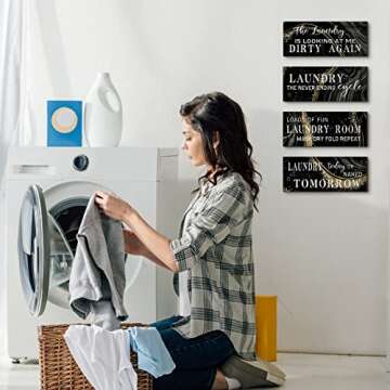 Gerrii 4 Pieces Laundry Room Wooden Signs Decor Black and Gold Funny Sign Wall Plaque Laundry Wall Decoration Vintage Bathroom Wall Sign Laundry Rules Hanging Decor for Home Laundry Room Bathroom