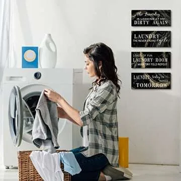 Gerrii 4 Pieces Laundry Room Wooden Signs Decor Black and Gold Funny Sign Wall Plaque Laundry Wall Decoration Vintage Bathroom Wall Sign Laundry Rules Hanging Decor for Home Laundry Room Bathroom