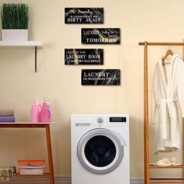Gerrii 4 Pieces Laundry Room Wooden Signs Decor Black and Gold Funny Sign Wall Plaque Laundry Wall Decoration Vintage Bathroom Wall Sign Laundry Rules Hanging Decor for Home Laundry Room Bathroom